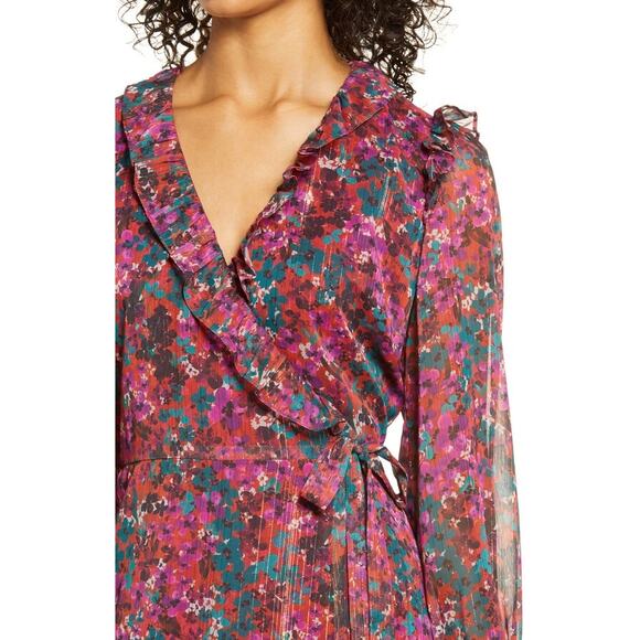 Adelyn Rae CARLEIGH FLORAL CHIFFON LONG SLEEVE WRAP DRESS IN MAGENTA BLOOM S - Picture 8 of 9